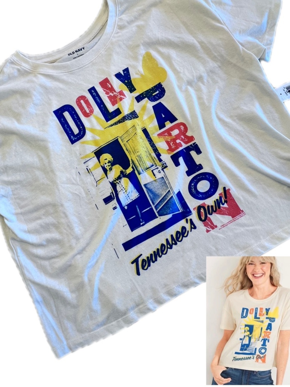 NWT Old Navy White Graphic Crop Tee Dolly Parton Print Tennessee’s Own Sz Large